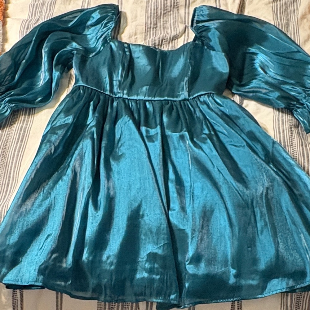 Chic Teal Puff Sleeve Mini Dress